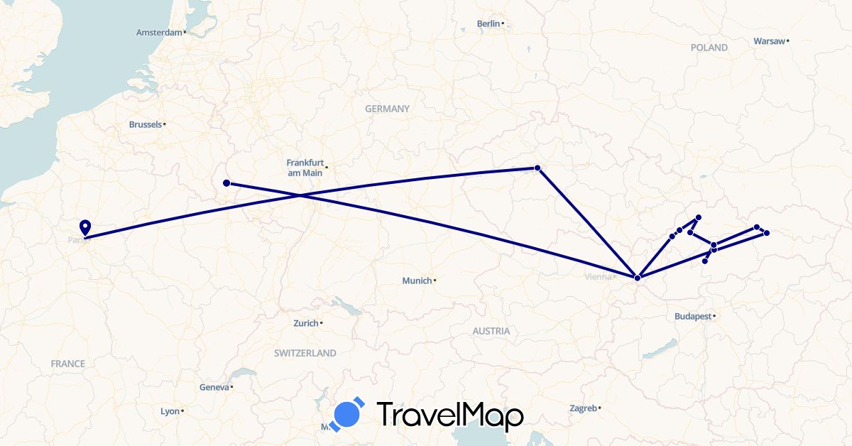 TravelMap itinerary: driving in Czech Republic, France, Luxembourg, Slovakia (Europe)